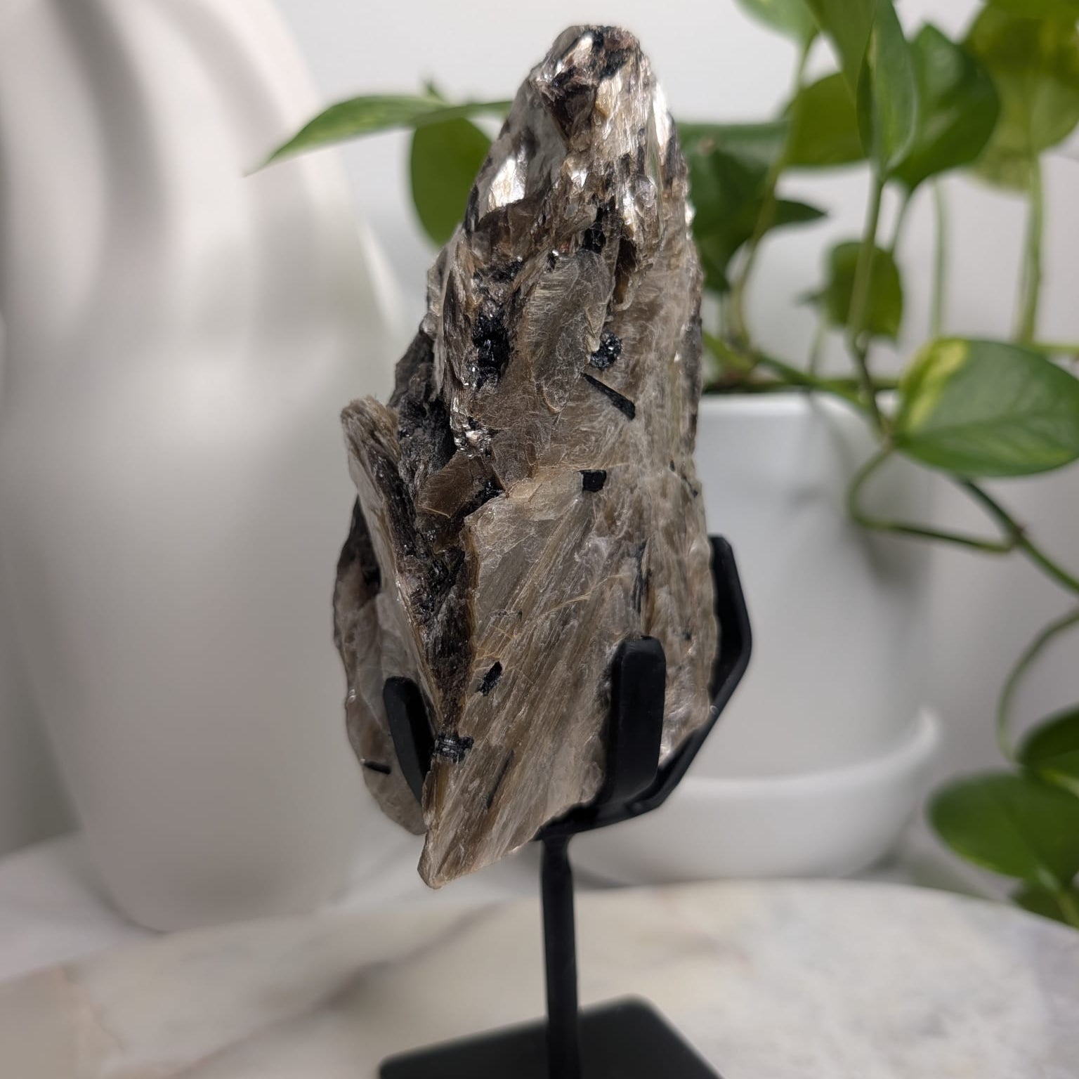 Golden Mica with Tourmaline on stand