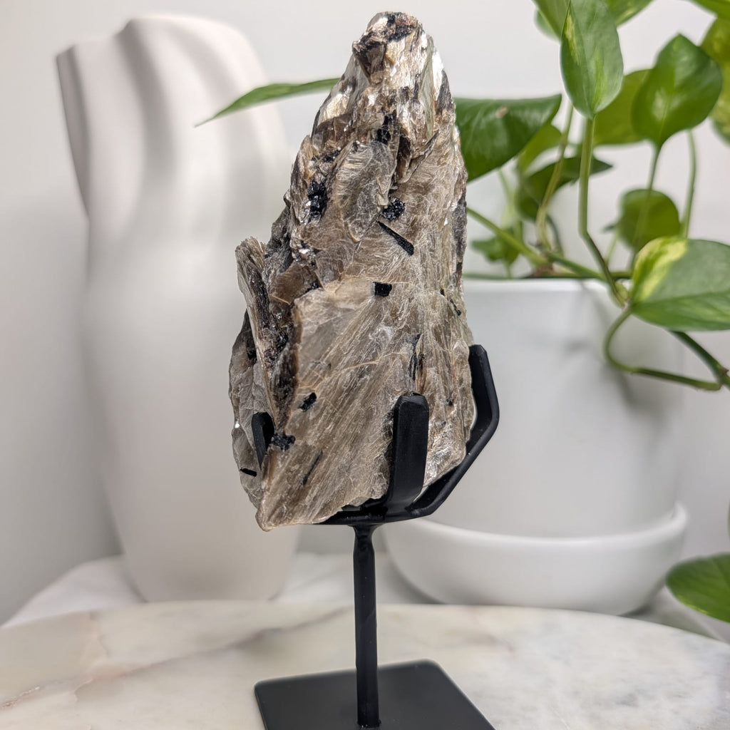 Golden Mica with Tourmaline on stand