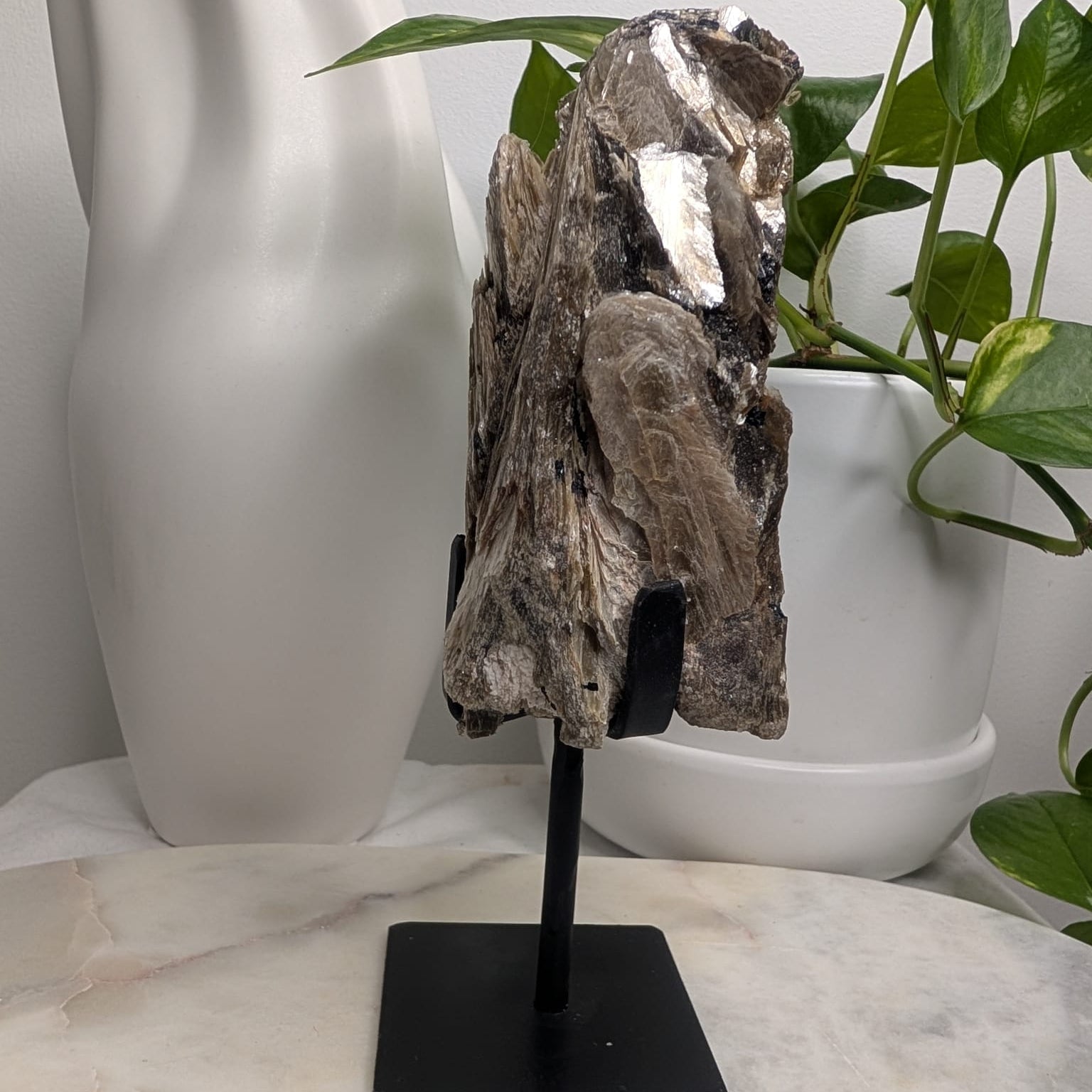 Golden Mica with Tourmaline on stand