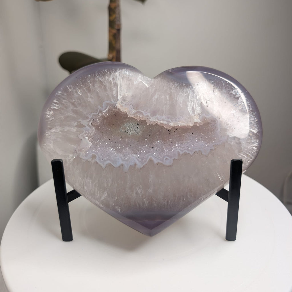 Lavender Agate Heart with Druzy Centre on Stand