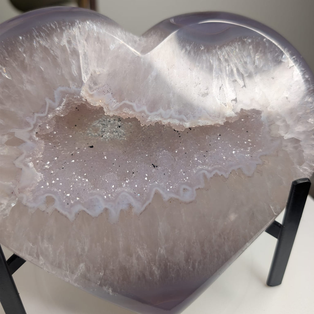 Lavender Agate Heart with Druzy Centre on Stand