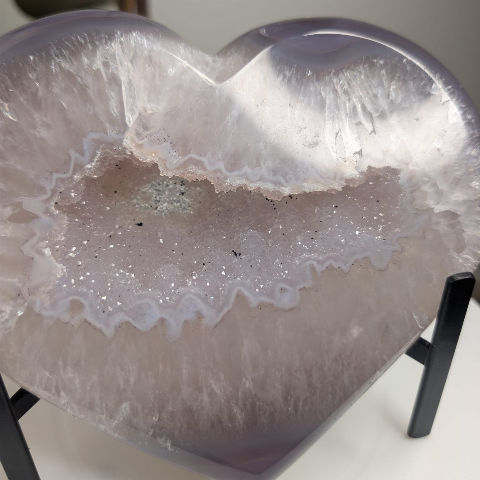 Lavender Agate Heart with Druzy Centre on Stand