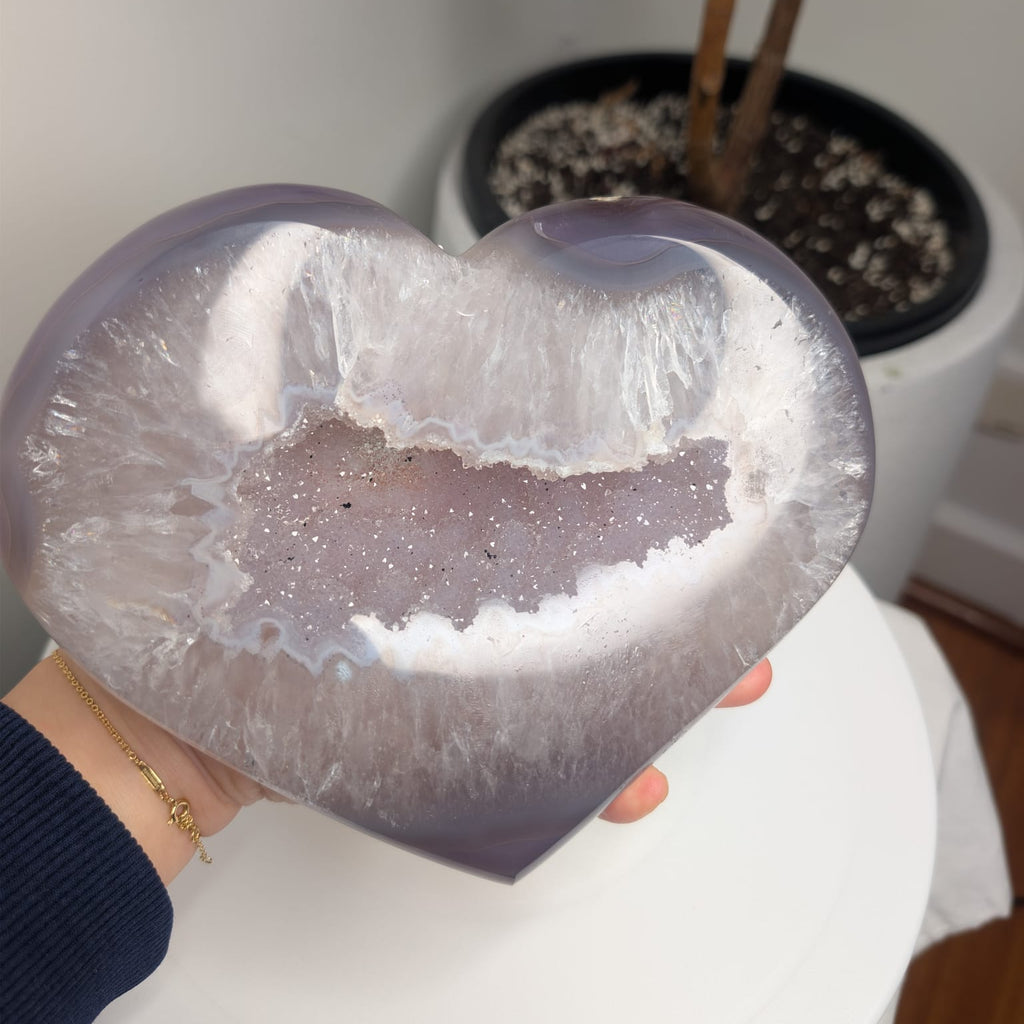 Lavender Agate Heart with Druzy Centre on Stand