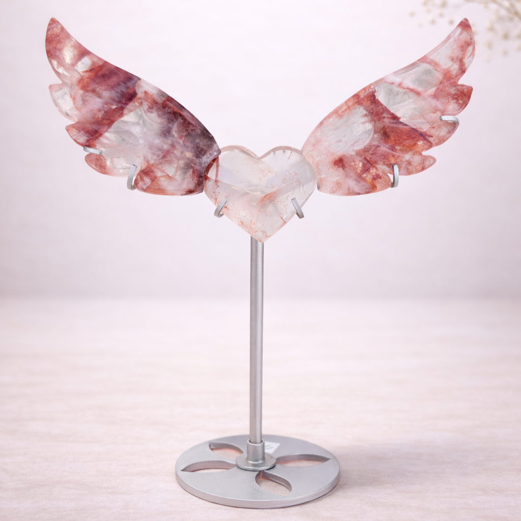 Fire Quartz  Heart with Wings on Stand