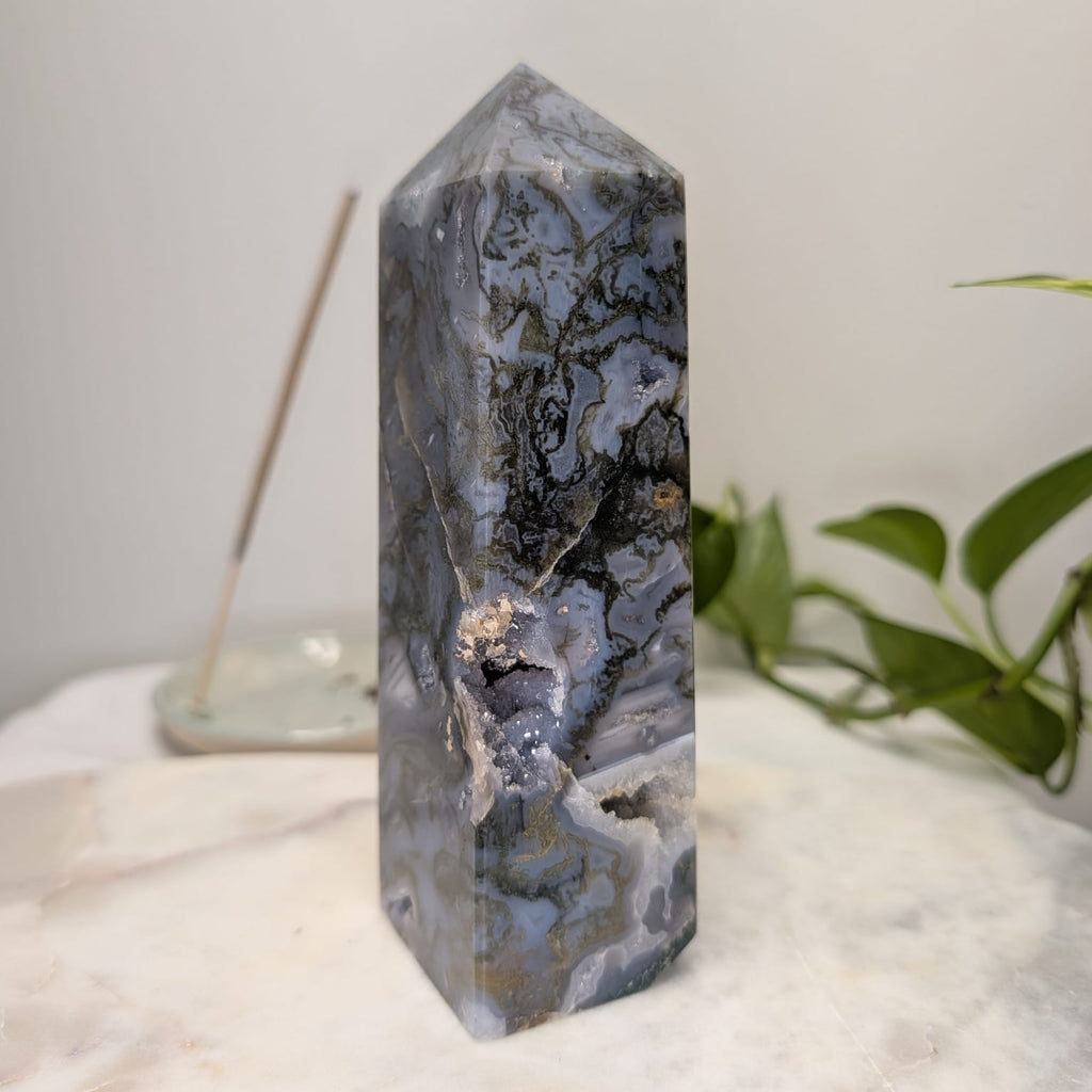 Blue Moss Agate Druzy Tower