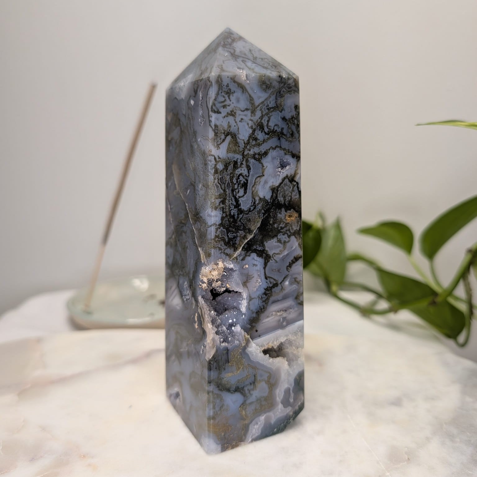 Blue Moss Agate Druzy Tower
