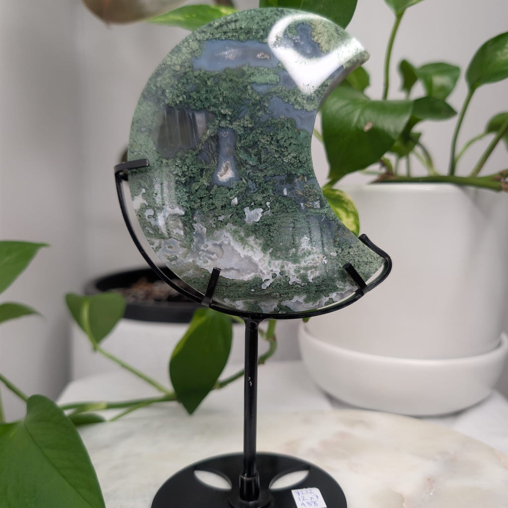 Moss Agate Crescent Moon on Metal Stand