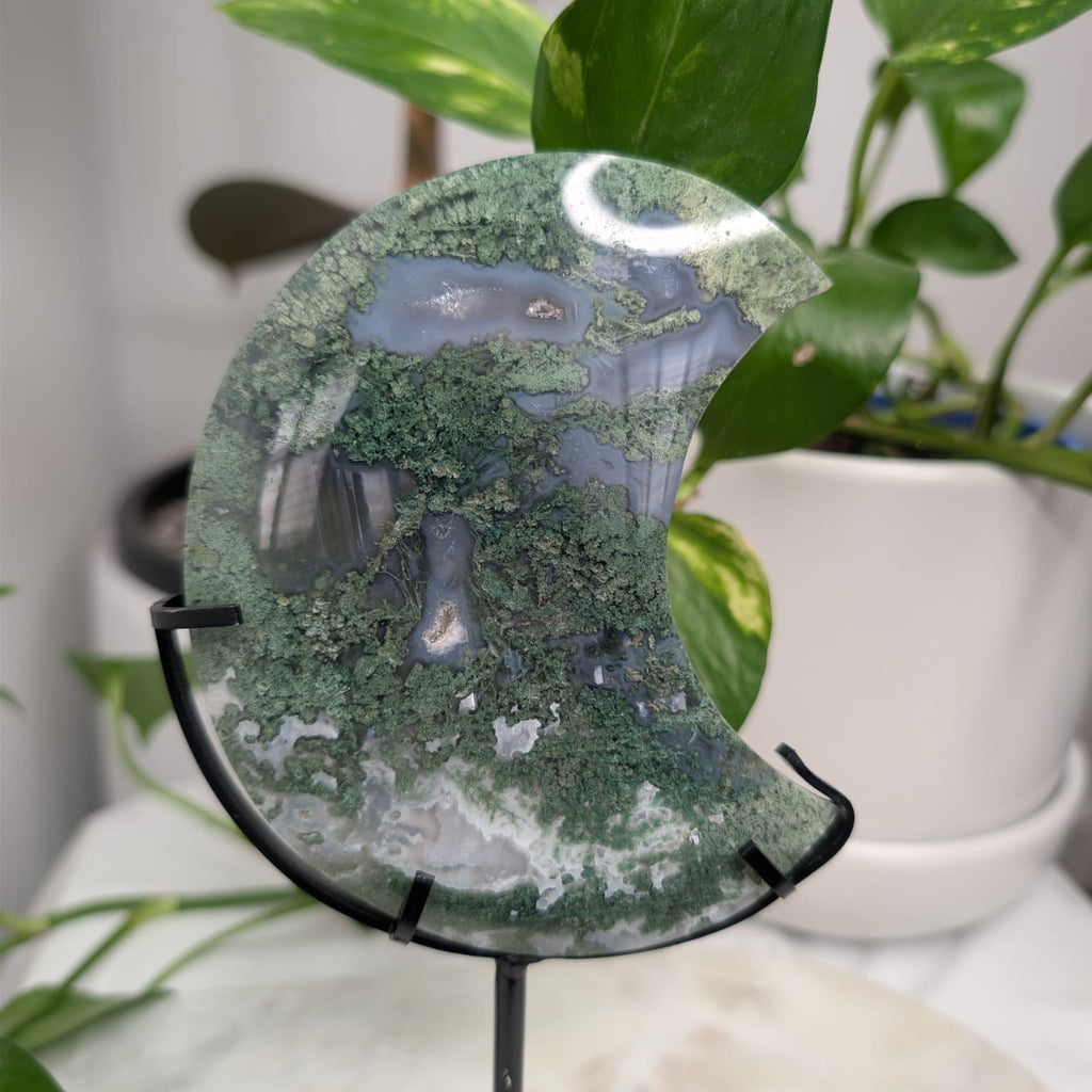 Moss Agate Crescent Moon on Metal Stand