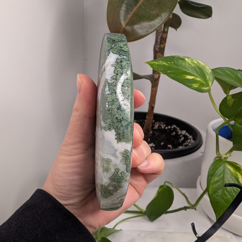 Moss Agate Crescent Moon on Metal Stand