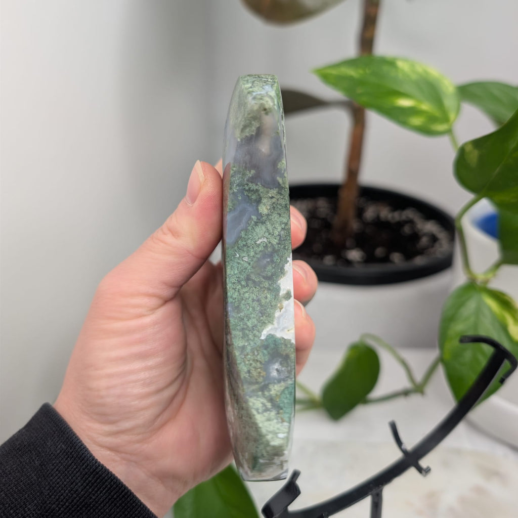 Moss Agate Crescent Moon on Metal Stand