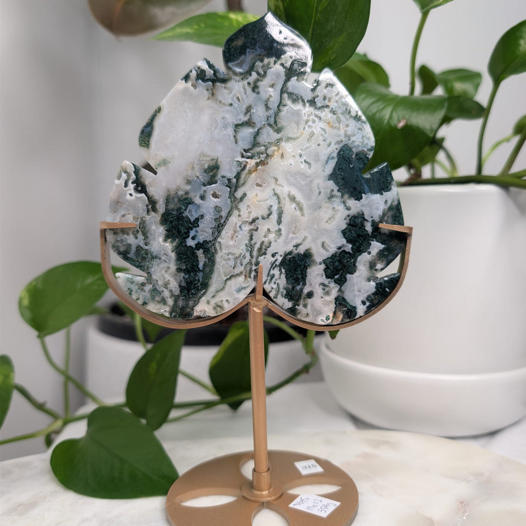 Moss Agate Leaf On Gold Stand