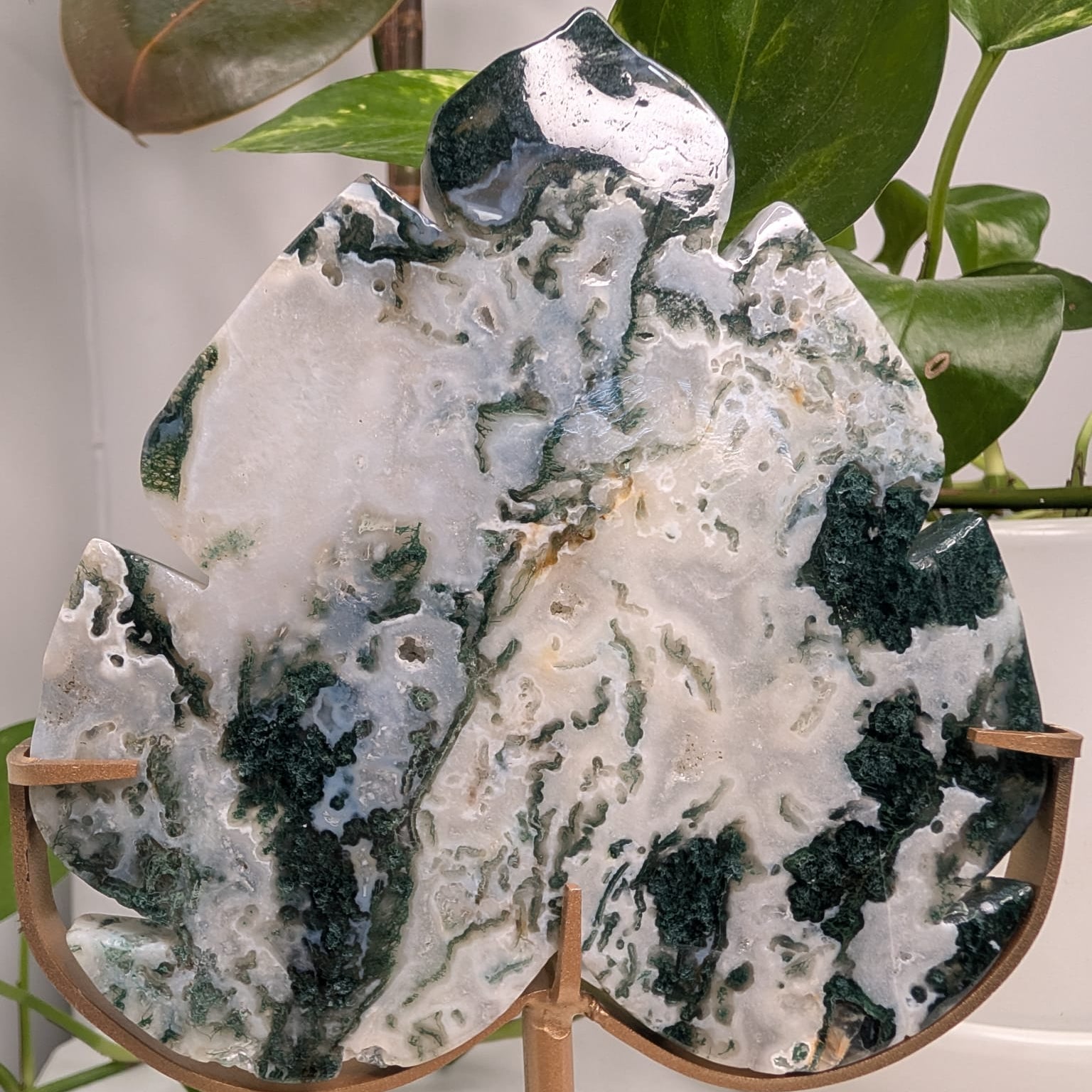 Moss Agate Leaf On Gold Stand