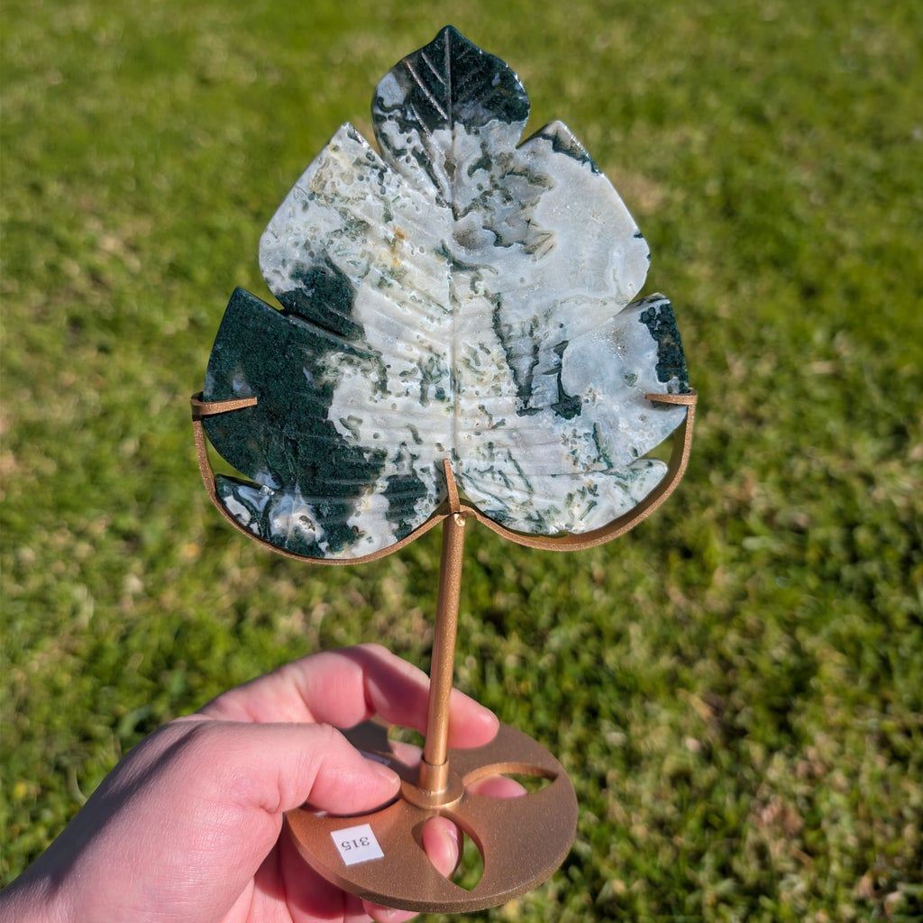 Moss Agate Leaf On Gold Stand