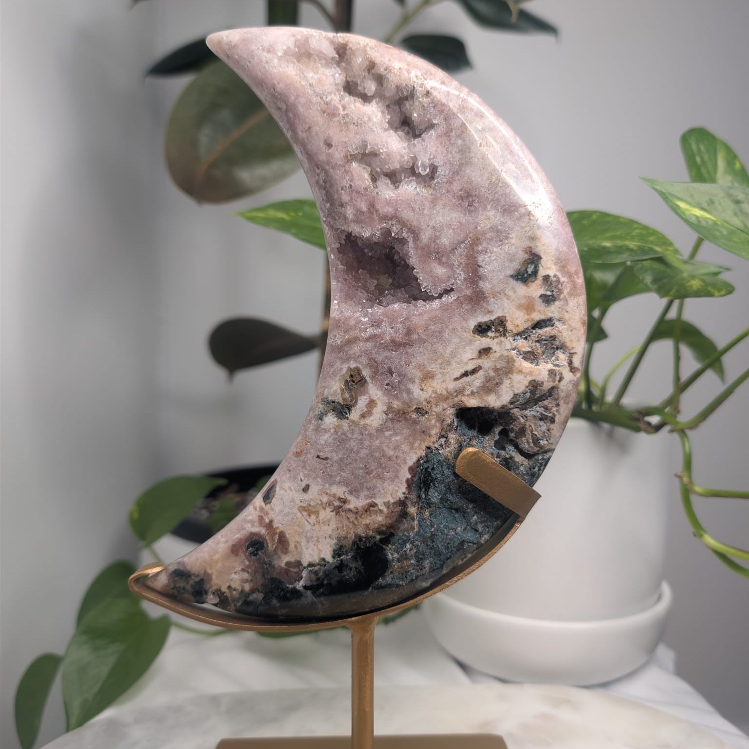 Pink Amethyst & Green Jasper Druzy Moon on Stand