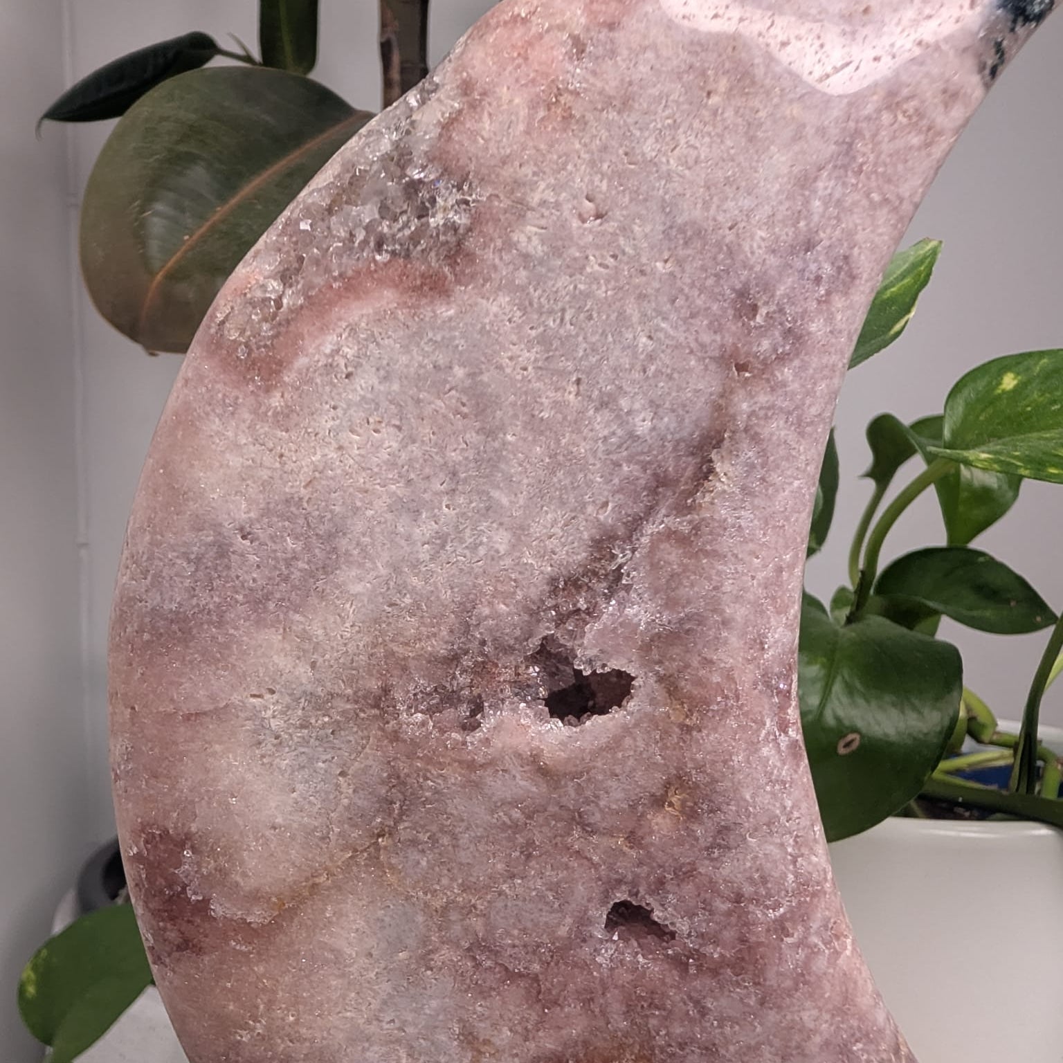 Pink Amethyst & Green Jasper Druzy Moon on Stand
