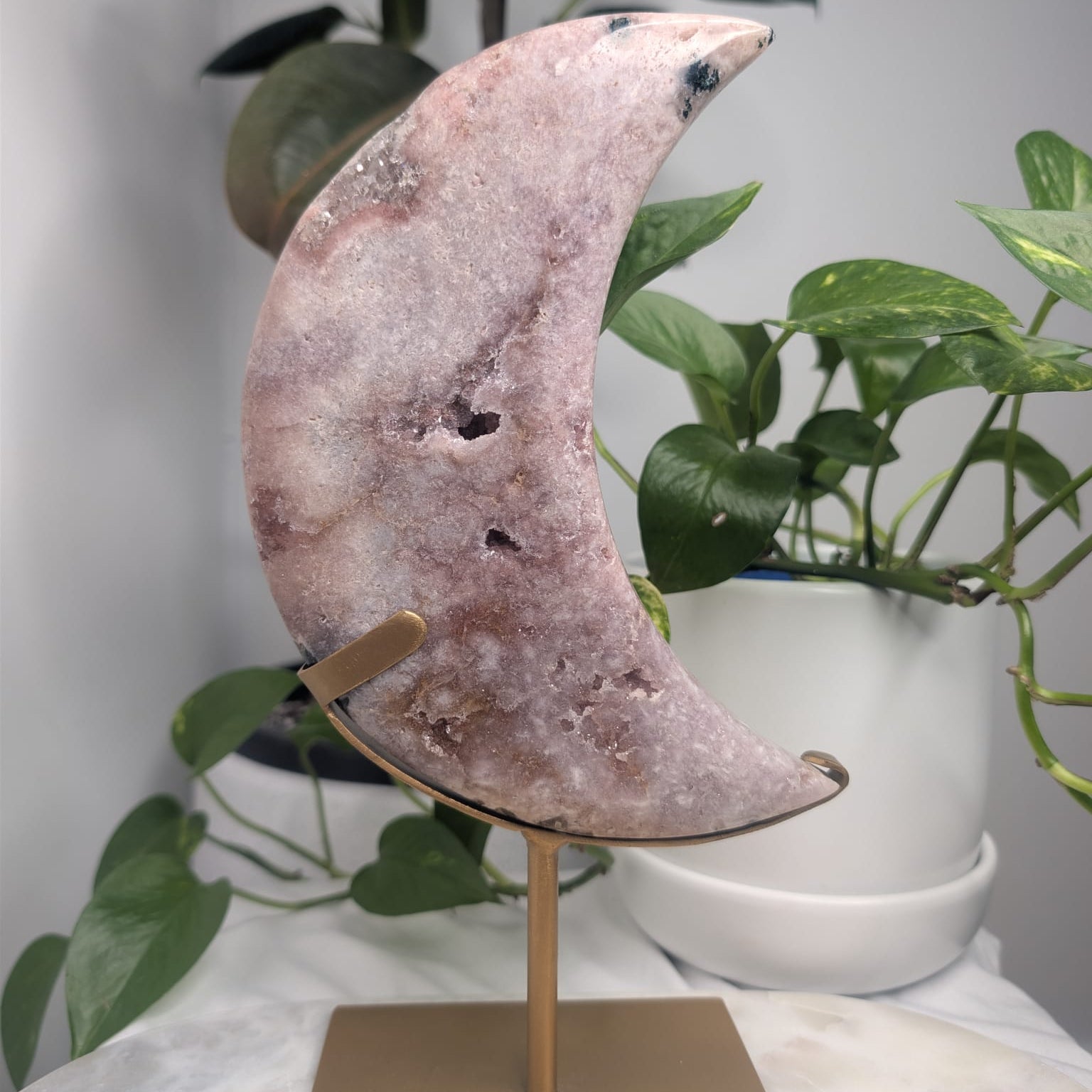 Pink Amethyst & Green Jasper Druzy Moon on Stand