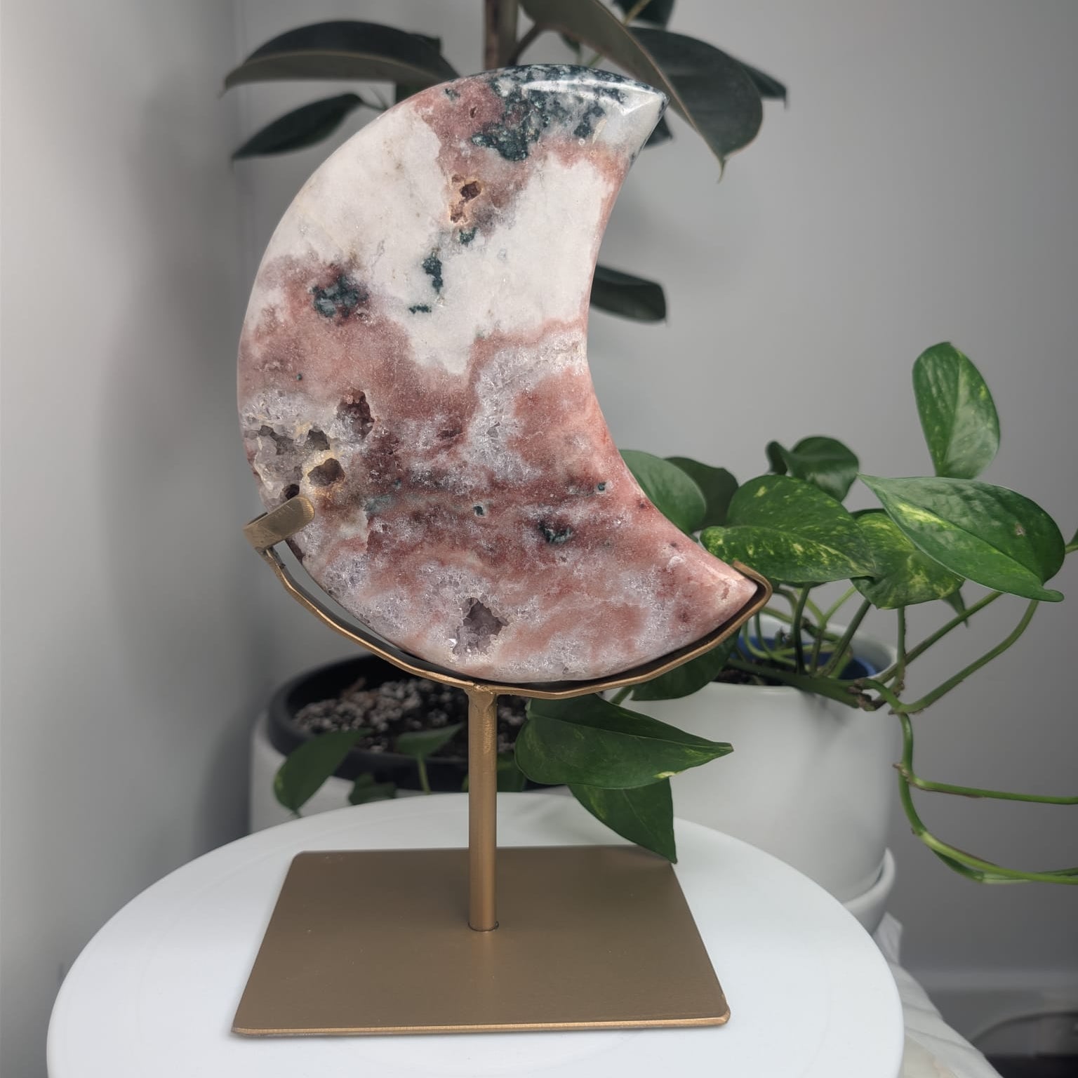 Pink Amethyst & Green Jasper Druzy Moon on Stand