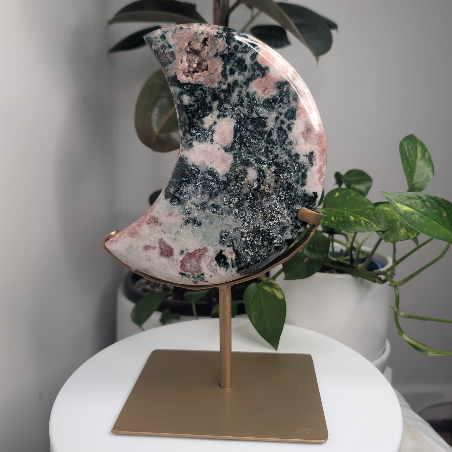 Pink Amethyst & Green Jasper Druzy Moon on Stand