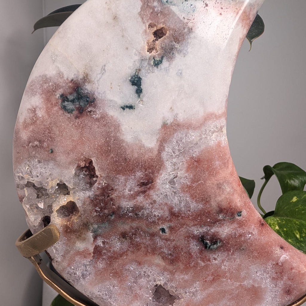 Pink Amethyst & Green Jasper Druzy Moon on Stand