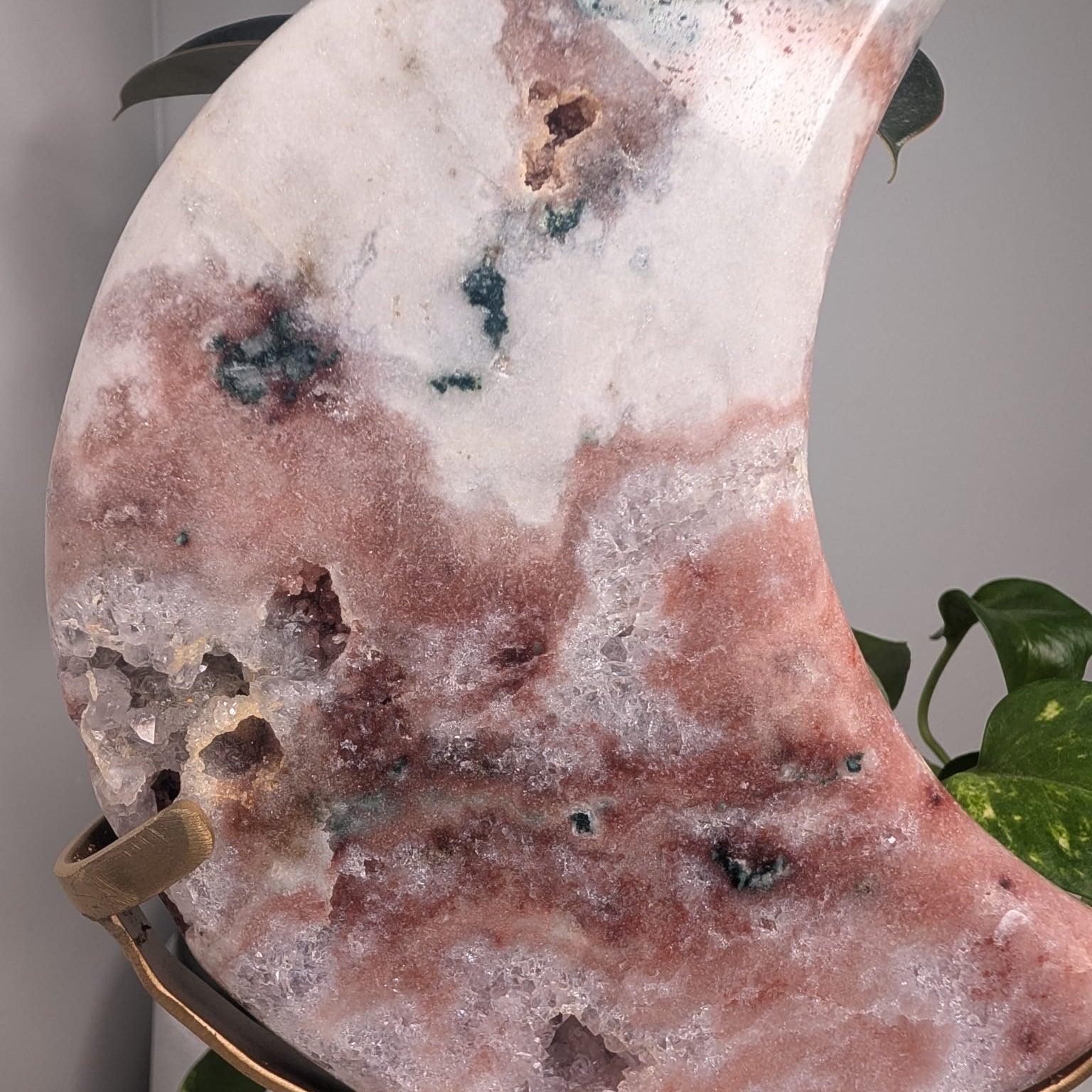Pink Amethyst & Green Jasper Druzy Moon on Stand