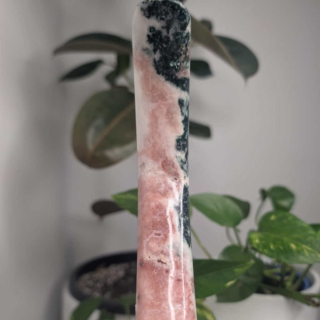 Pink Amethyst & Green Jasper Druzy Moon on Stand