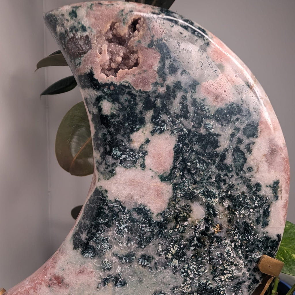 Pink Amethyst & Green Jasper Druzy Moon on Stand