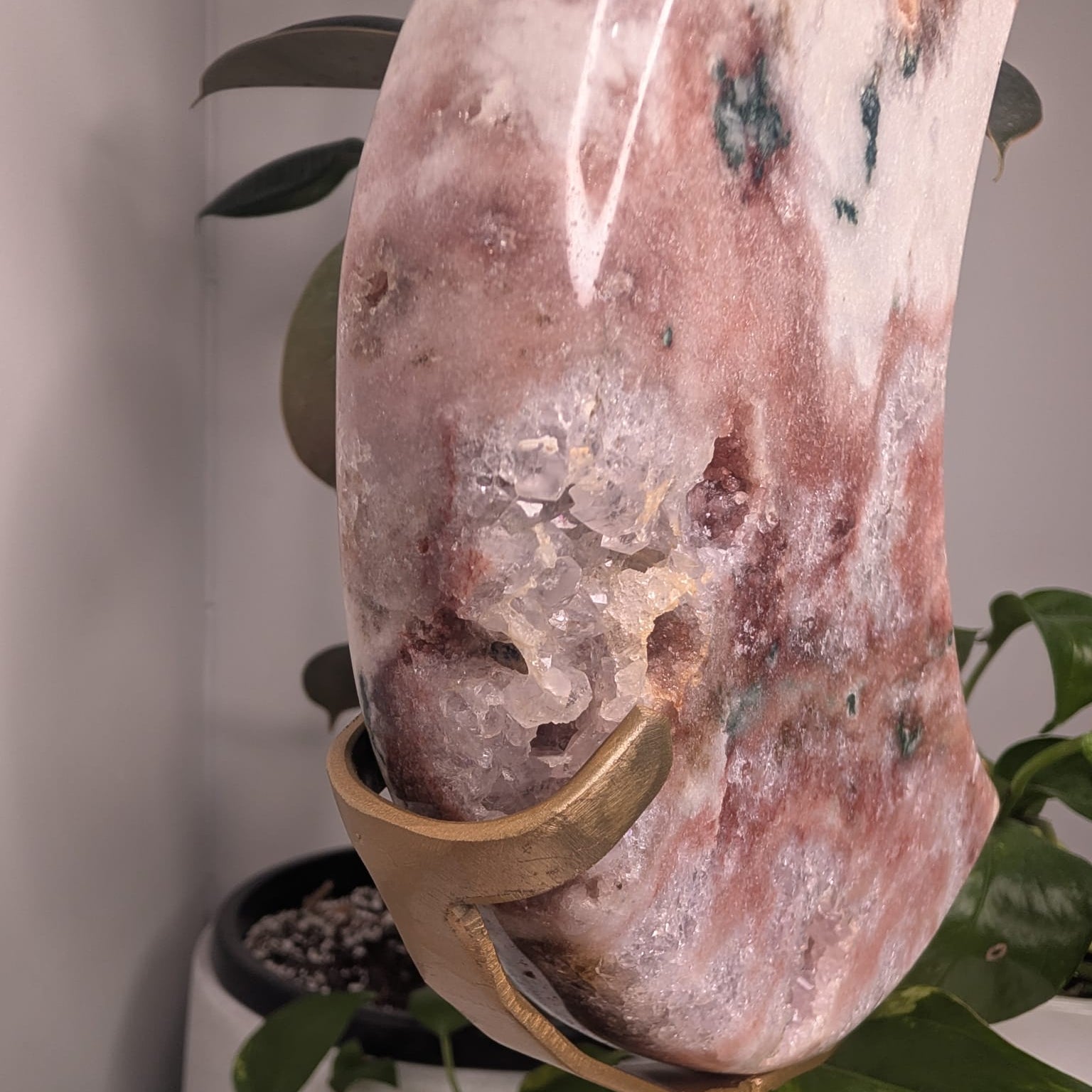 Pink Amethyst & Green Jasper Druzy Moon on Stand