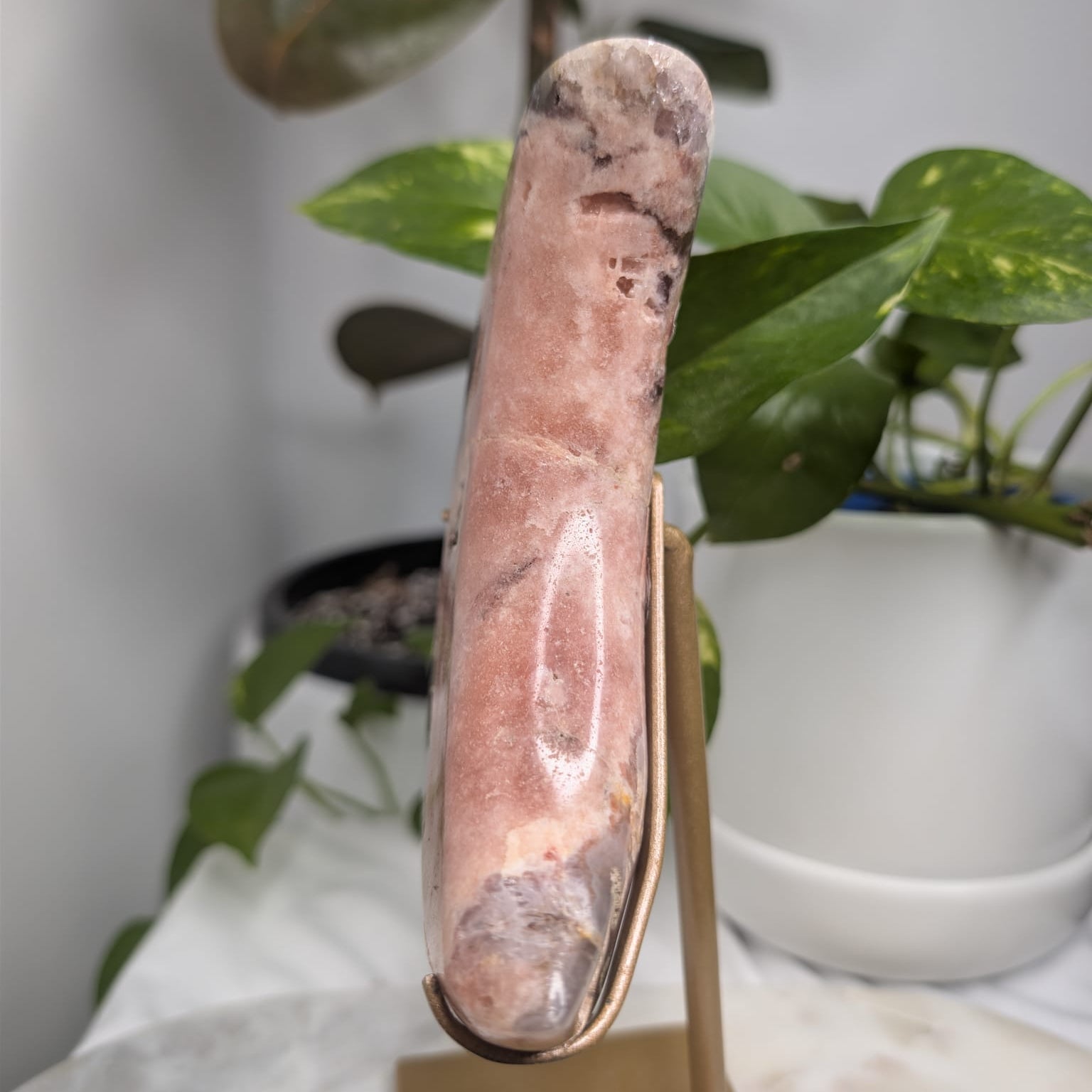 Pink Amethyst Druzy Moon on Stand