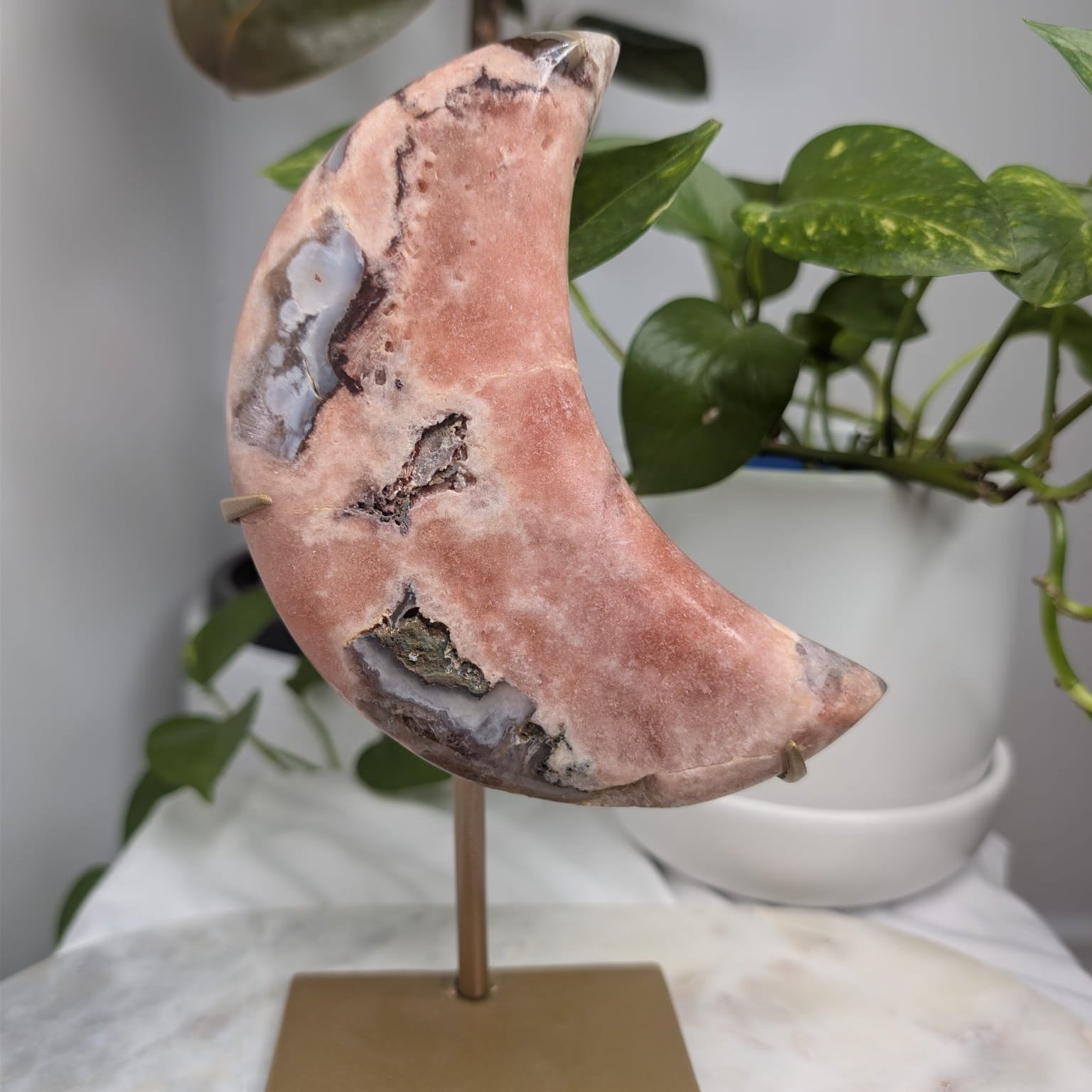Pink Amethyst Druzy Moon on Stand