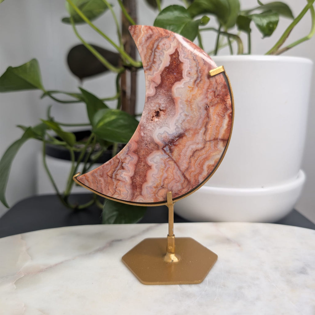 Crazy Lace Agate Crescent Moon on Stand