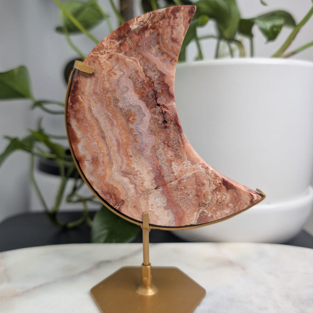 Crazy Lace Agate Crescent Moon on Stand