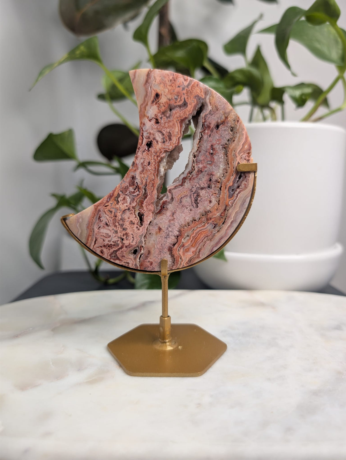 Crazy Lace Agate Crescent Moon on Stand