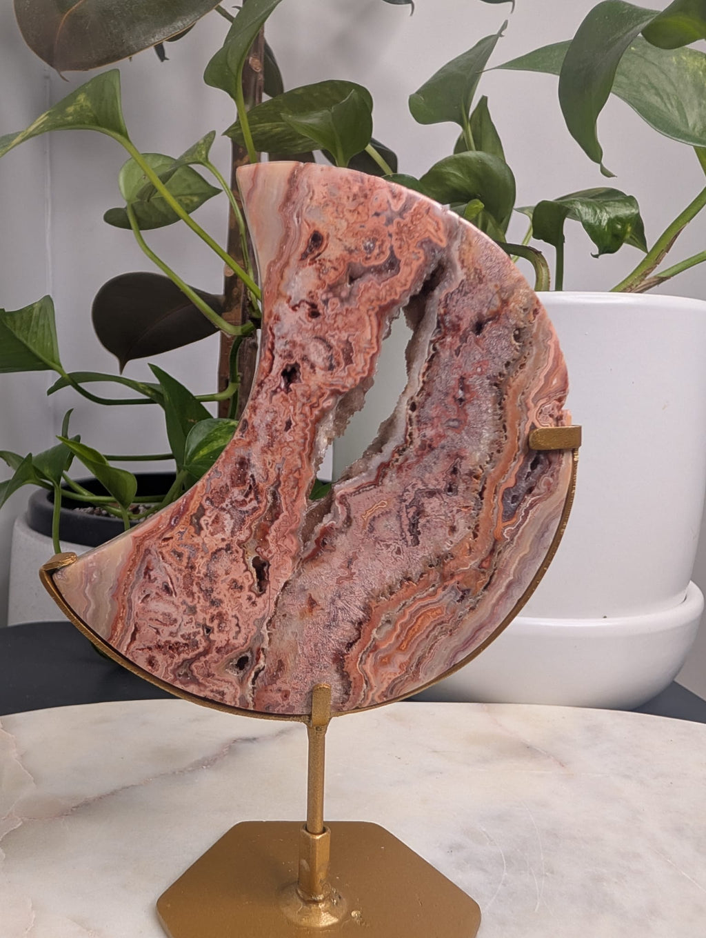Crazy Lace Agate Crescent Moon on Stand