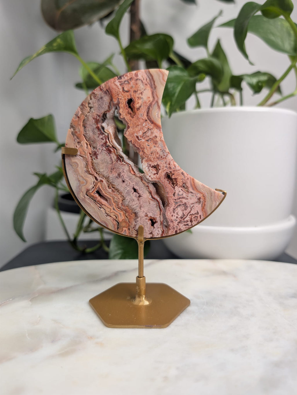 Crazy Lace Agate Crescent Moon on Stand