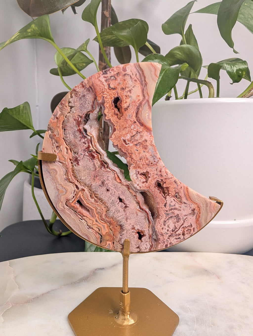 Crazy Lace Agate Crescent Moon on Stand