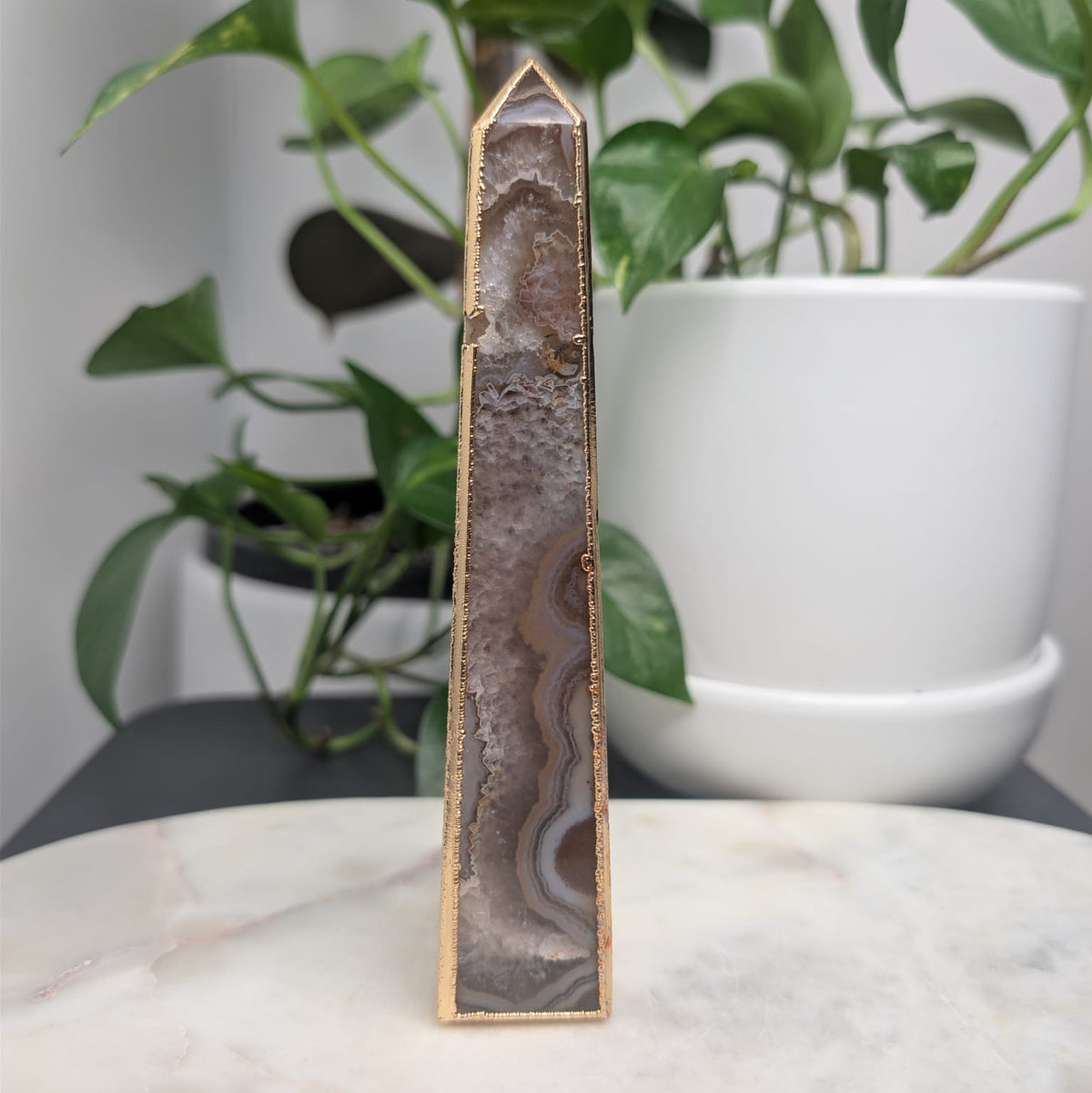 Agate Druzy Obelisk with Gold Edge