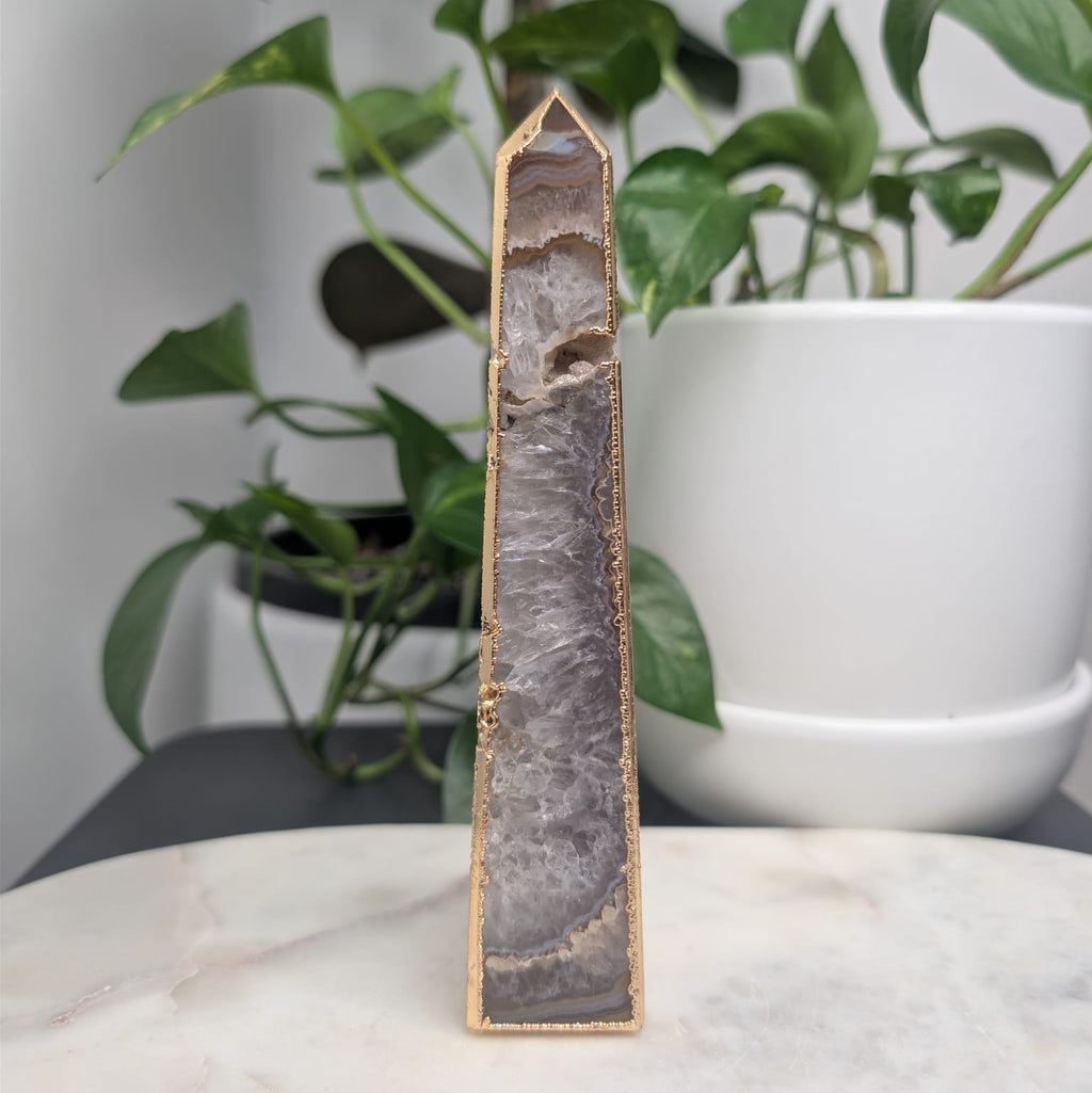 Agate Druzy Obelisk with Gold Edge
