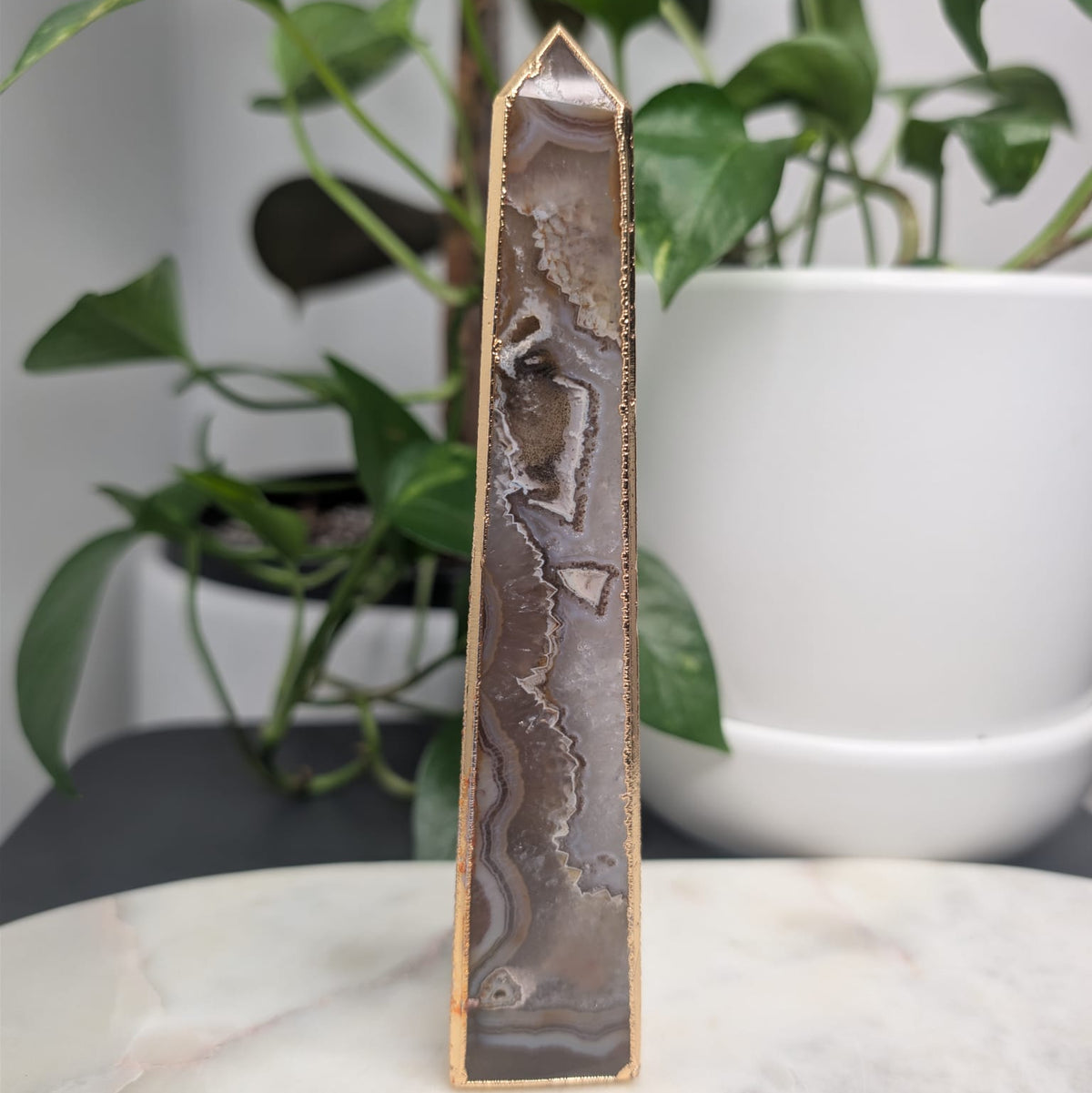 Agate Druzy Obelisk with Gold Edge