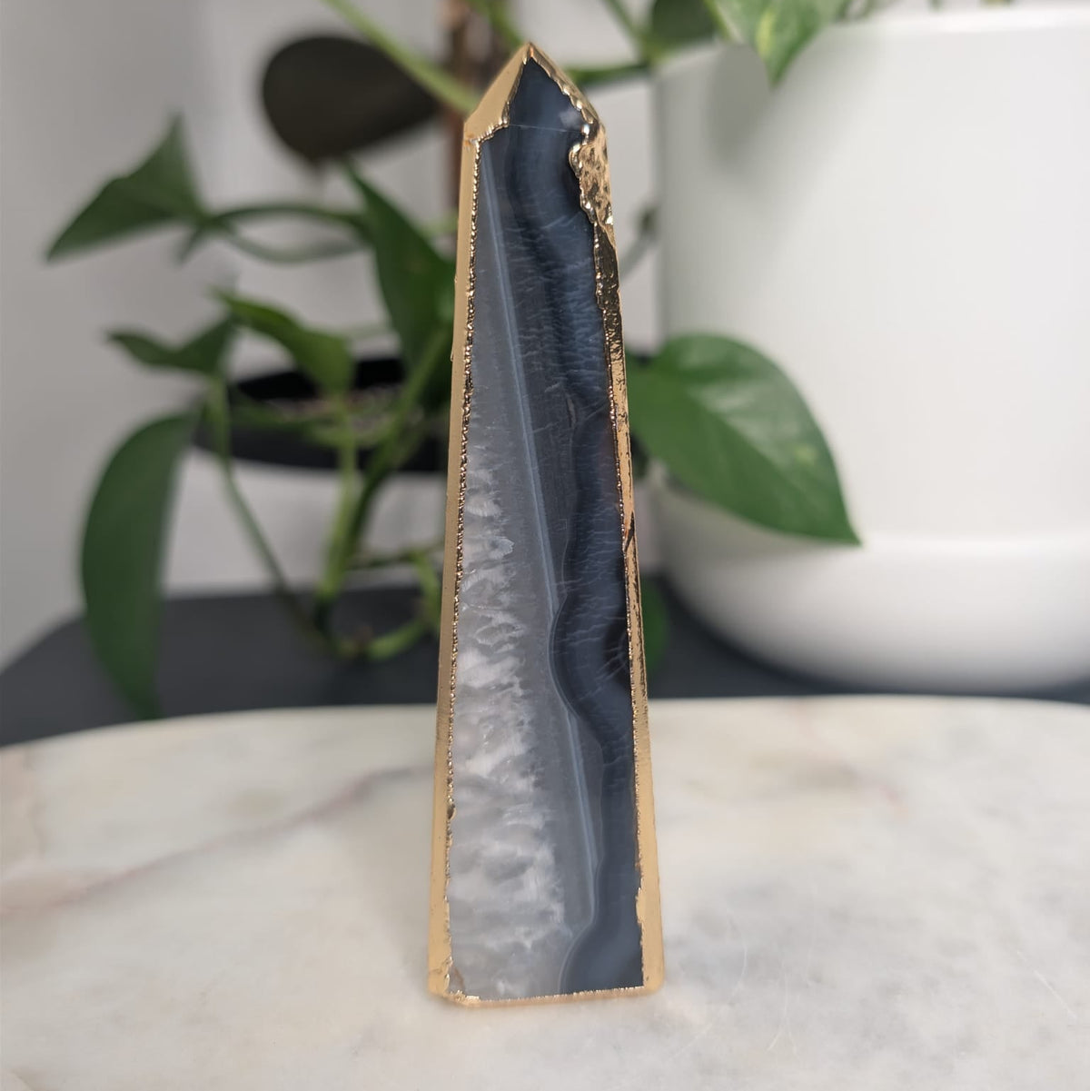 Blue & Grey Agate Obelisk with Gold Edge