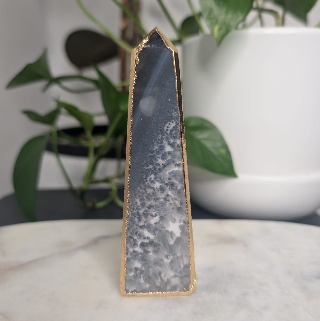 Blue & Grey Agate Obelisk with Gold Edge