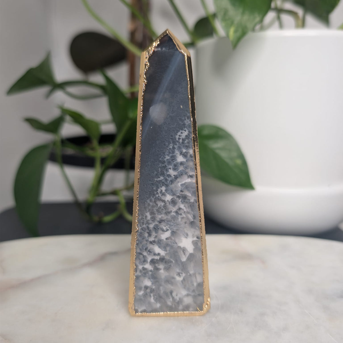 Blue & Grey Agate Obelisk with Gold Edge