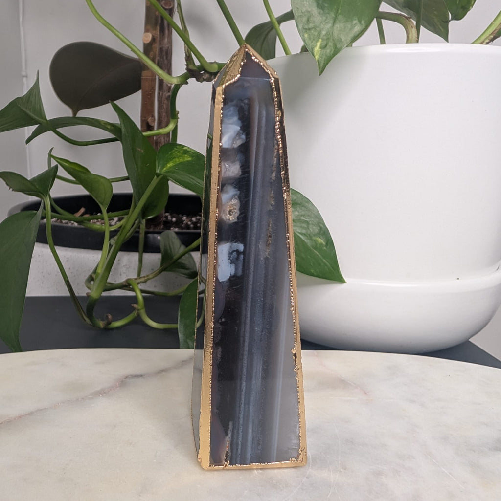 Blue & Grey Agate Obelisk with Gold Edge