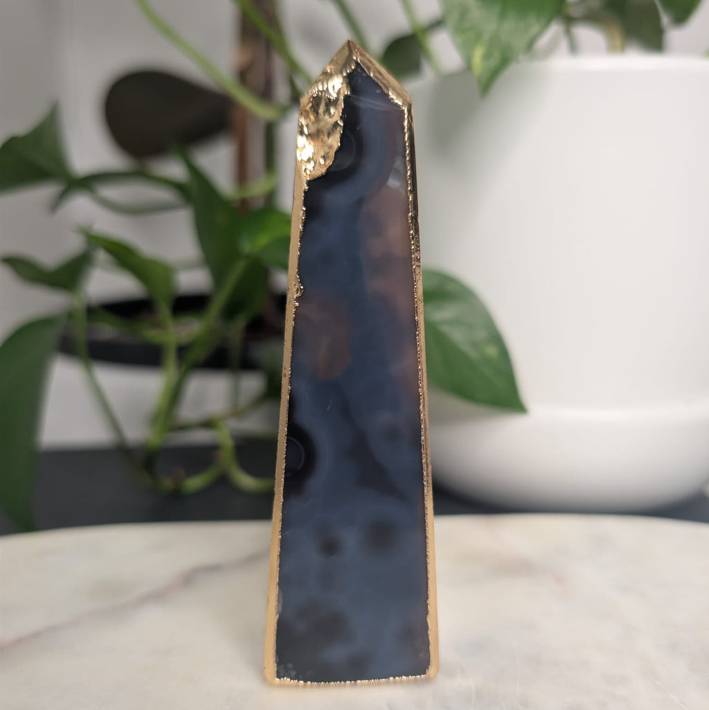 Blue & Grey Agate Obelisk with Gold Edge