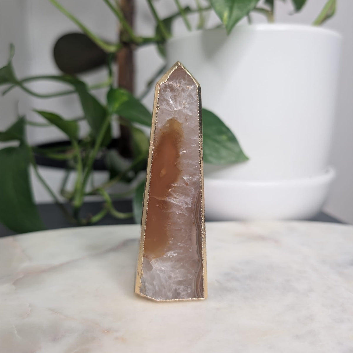 Peach Agate Obelisk with Gold Edge