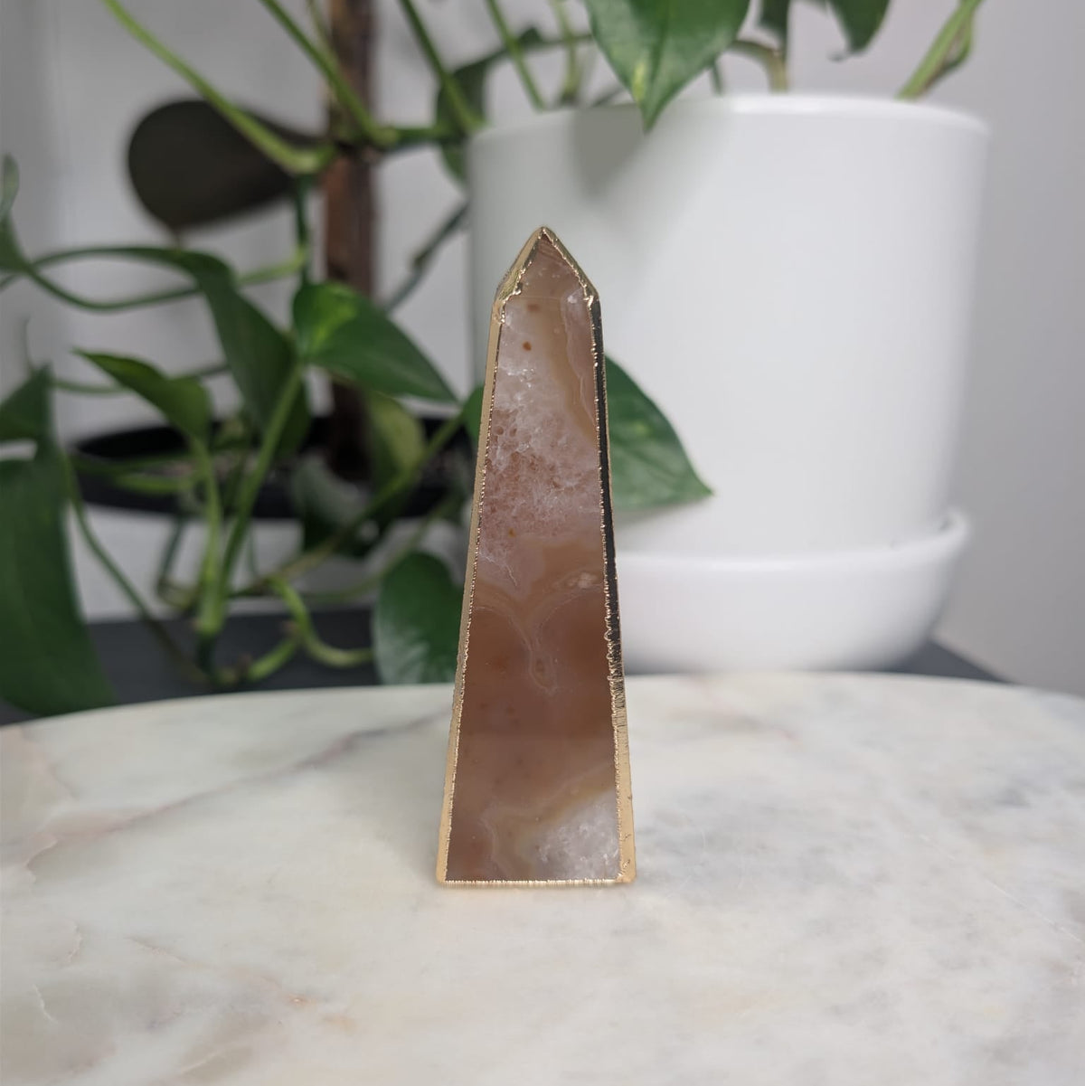 Peach Agate Obelisk with Gold Edge