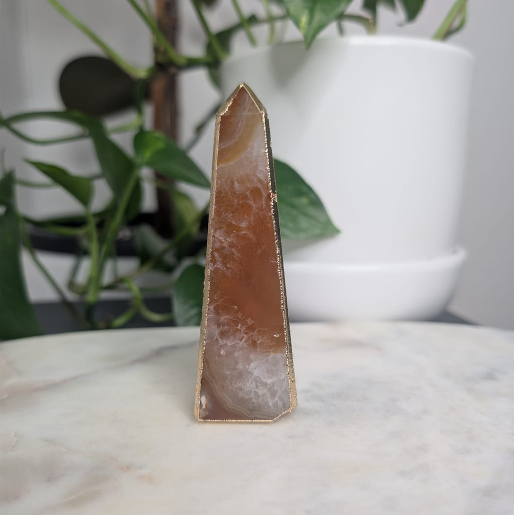 Peach Agate Obelisk with Gold Edge
