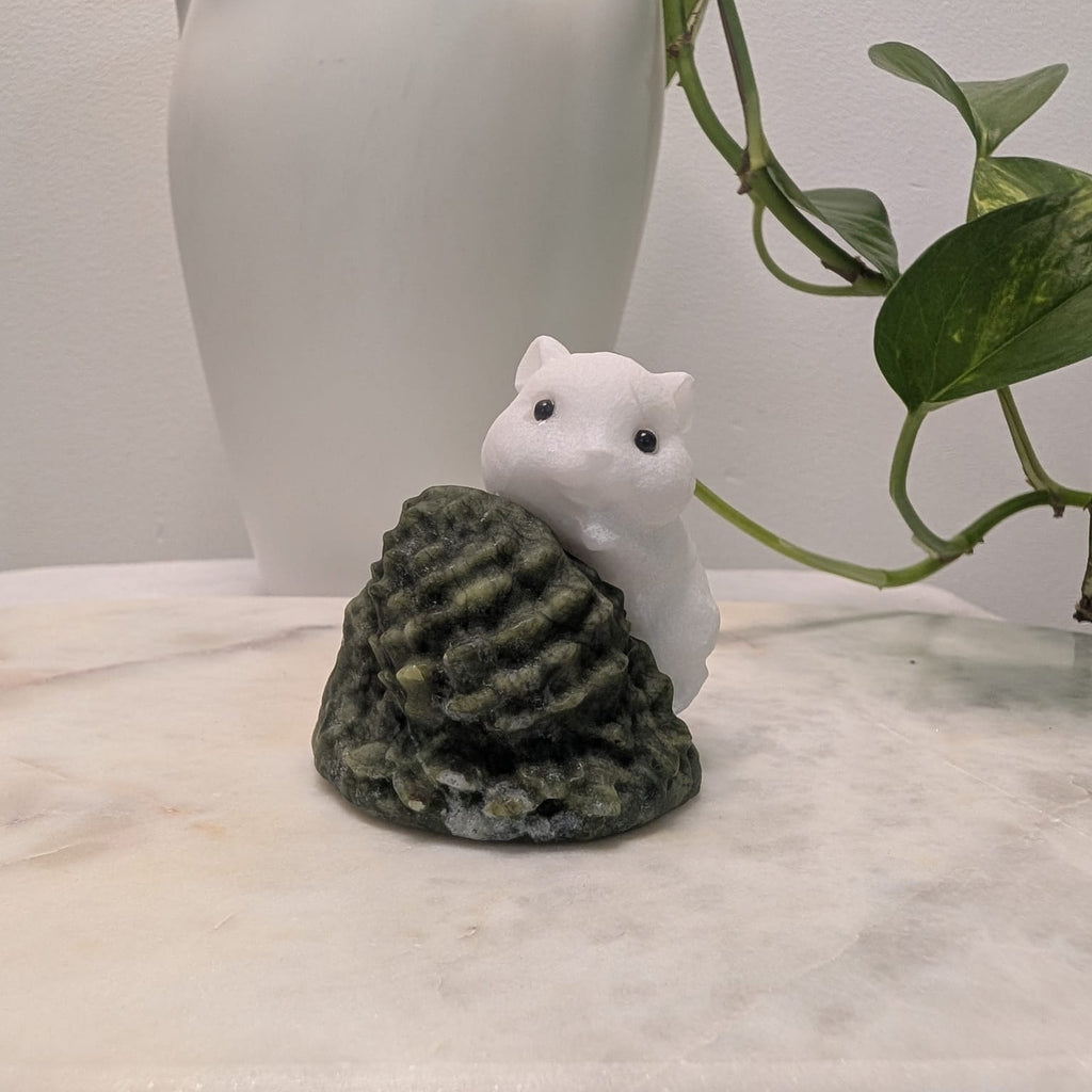 White Calcite Chipmunk on Serpentine