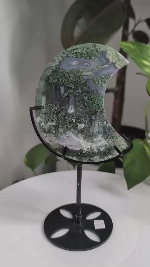 Moss Agate Crescent Moon on Metal Stand