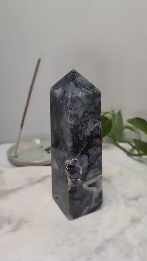 Blue Moss Agate Druzy Tower