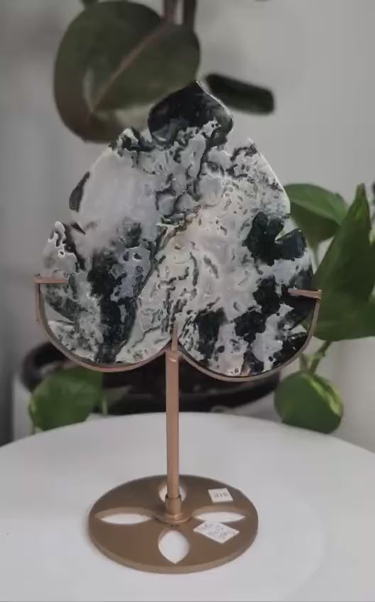 Moss Agate Leaf On Gold Stand